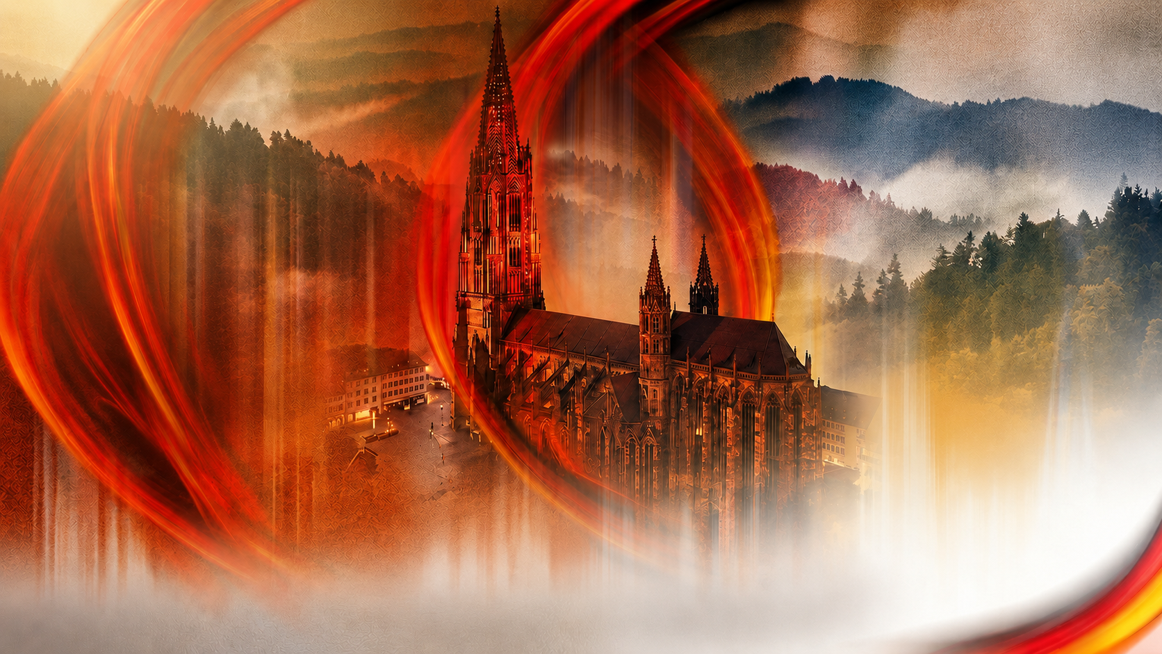 Freiburg Minster above the Black Forest with ember-red light ribbons — BachaZouk Festival Germany 2027 in Freiburg