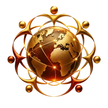 Golden globe with orbiting rings — international community