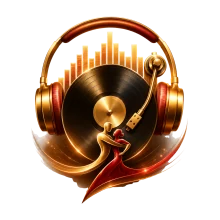 Golden vinyl record with headphones — top DJs and workshops