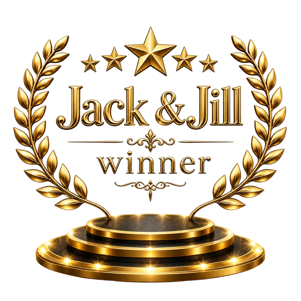 Jack & Jill winner emblem — gold laurel wreath framing a five-star arc, "Jack & Jill winner" wordmark and a layered Royal podium, marking the Saturday Night award ceremony
